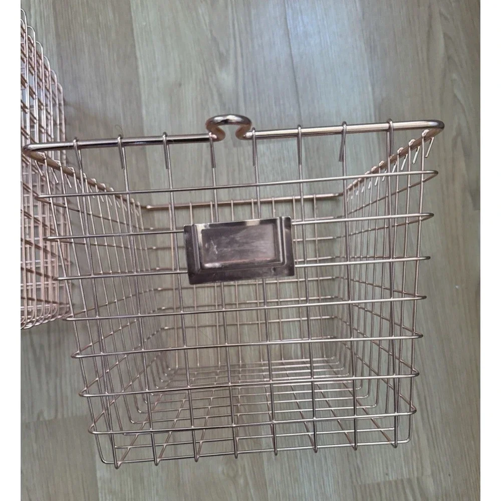 3 Pack Rose Gold Wire Storage Basket Bin Metal Container Handle Shelf Organizer